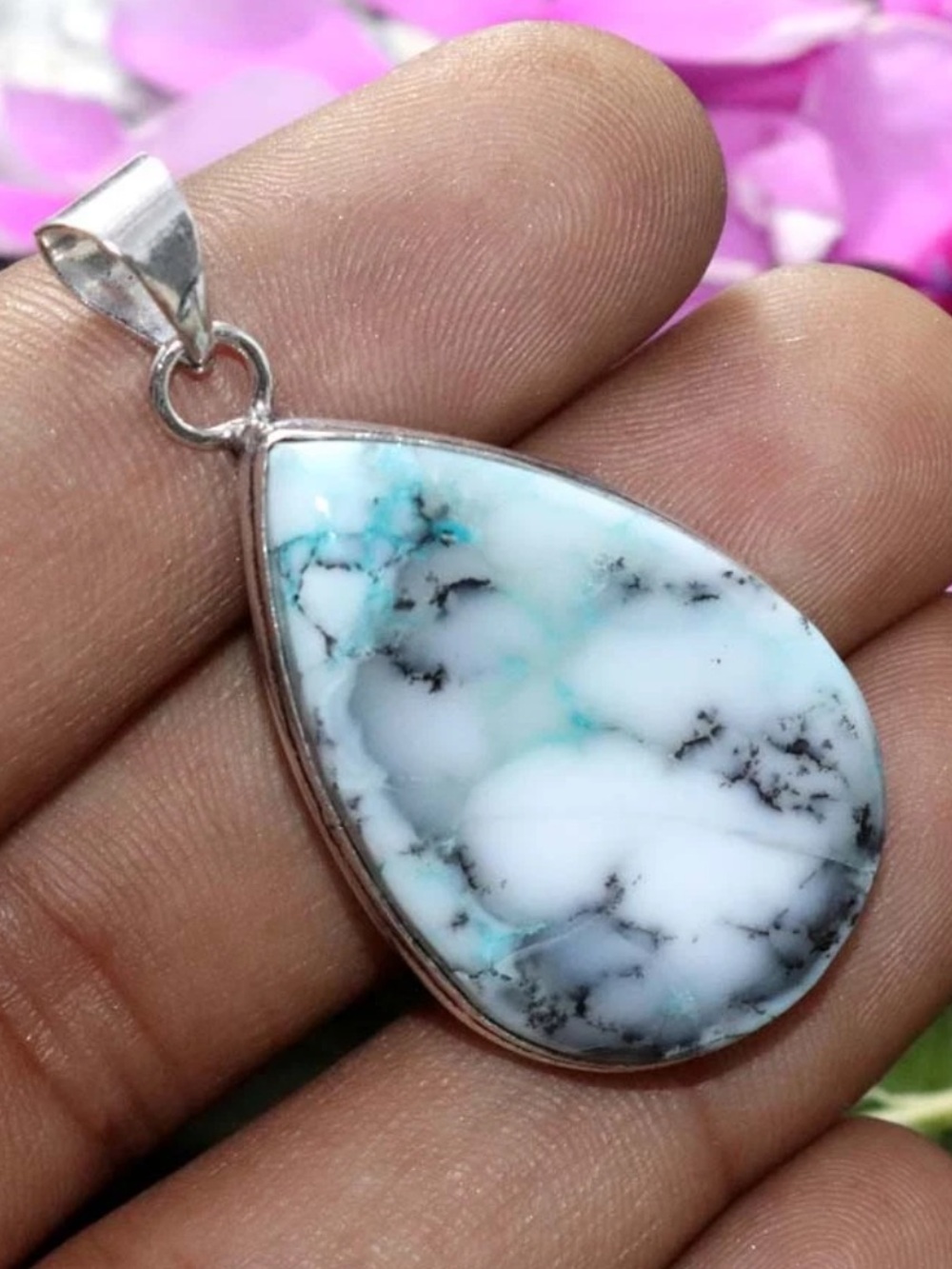 925 Sterling Silver Stamped Teardrop Turquoise Matrix Pendant - White & Teal